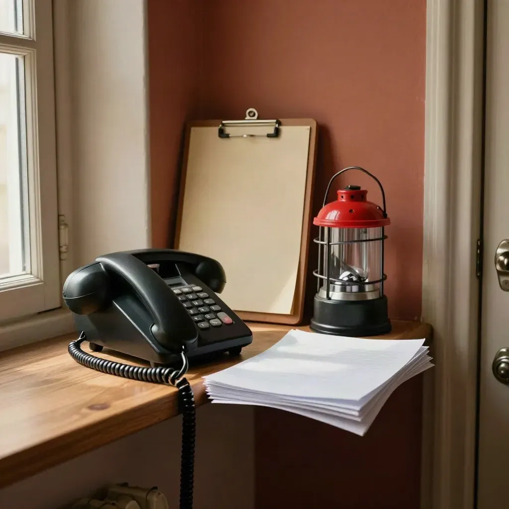 Nouzový telefon, skládací nástěnka a lucerna u dveří v teplém denním světle.